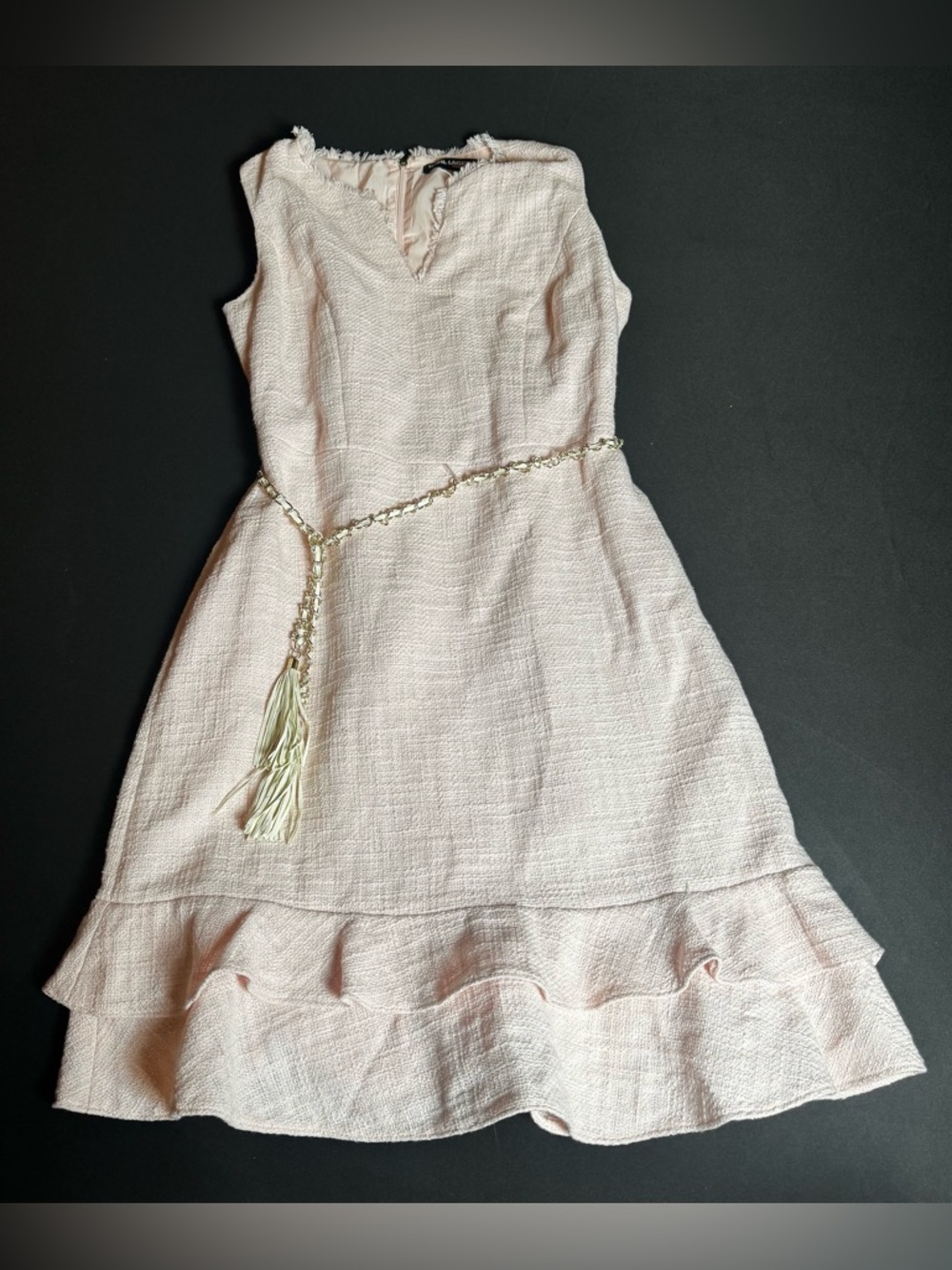 Karl Lagerfeld Paris Pink Tweed Fringe Dress 6 Chain Belt Luxury